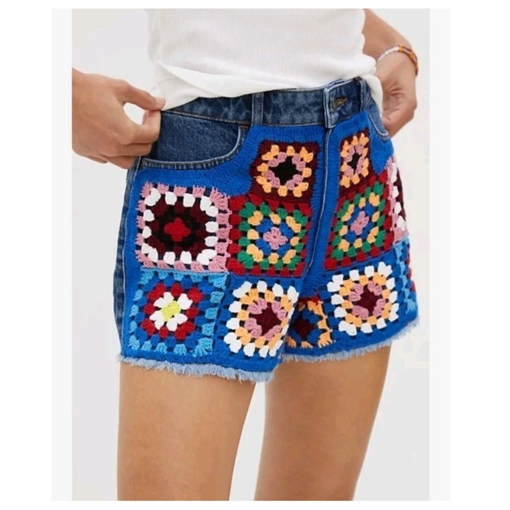 Farm Rio Denim Shorts Crochet Patches Size 29 Granny Square Cut Offs